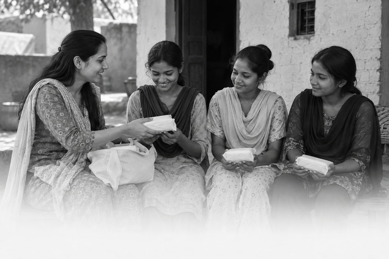 Women receiving menstrual essentials during a community drive
